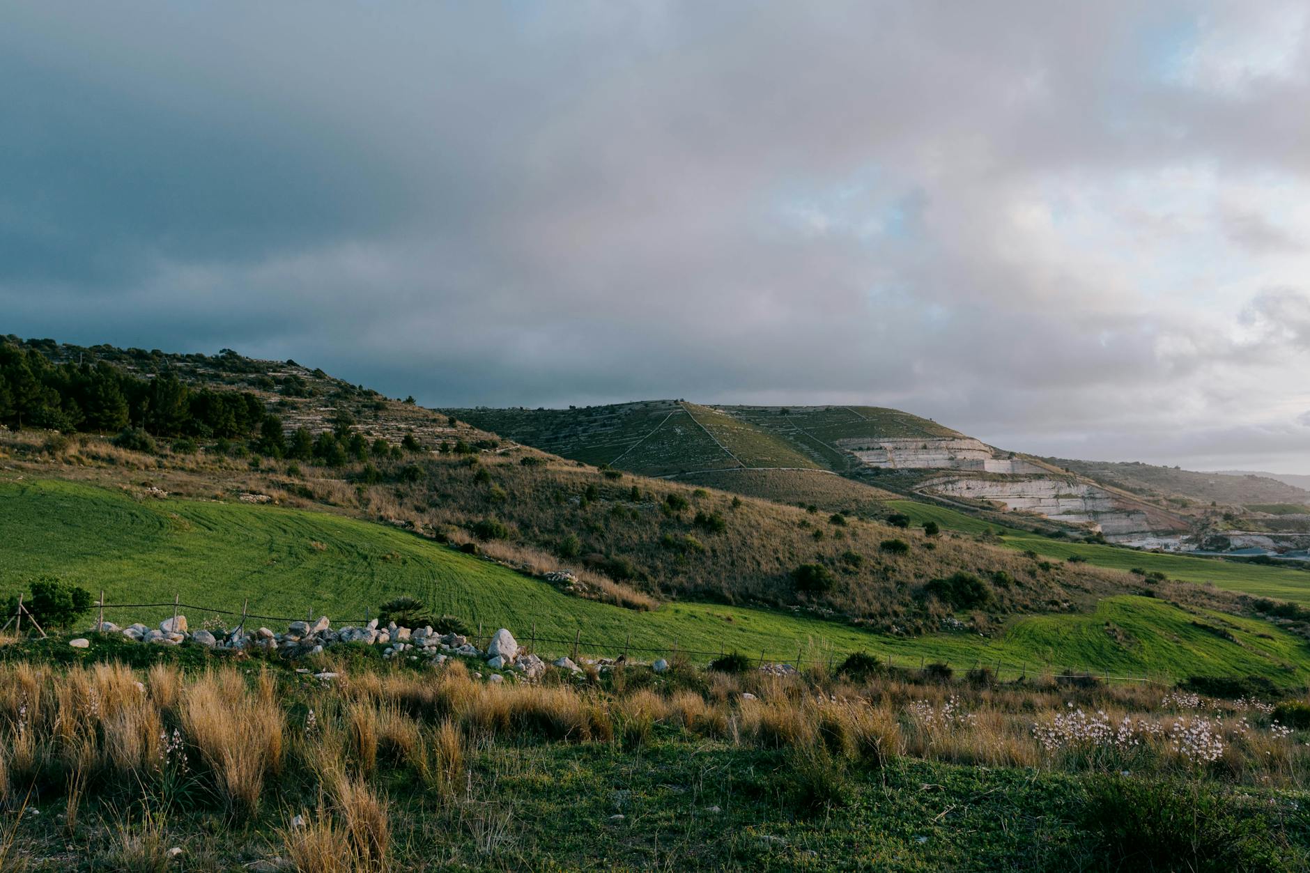 landscape of green hills under a cloudy sky